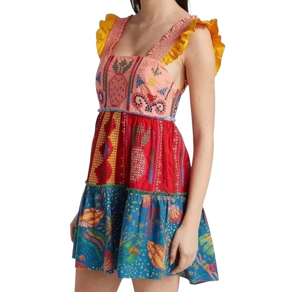 FARM Rio Dresses & Skirts - FARM Rio Color Blocked Tropical Embroidered Mini Dress S Like New Pineapples